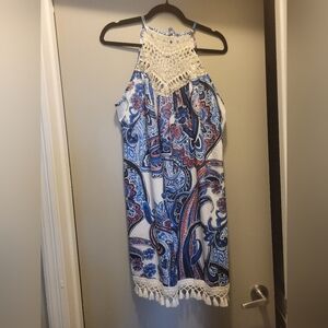 Adorable Blue and White Paisley Halter Dress SzXXL